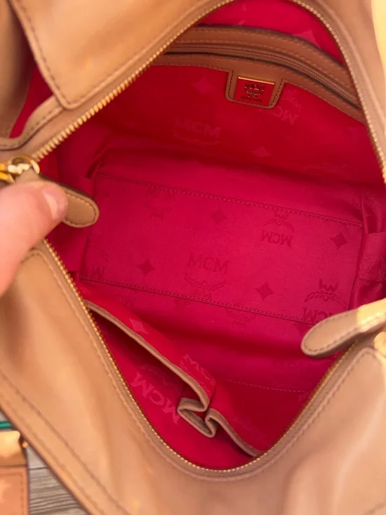 MCM Beige/Pale Pink Monogram Canvas Tote with Striped Trim - Picture 8 of 12